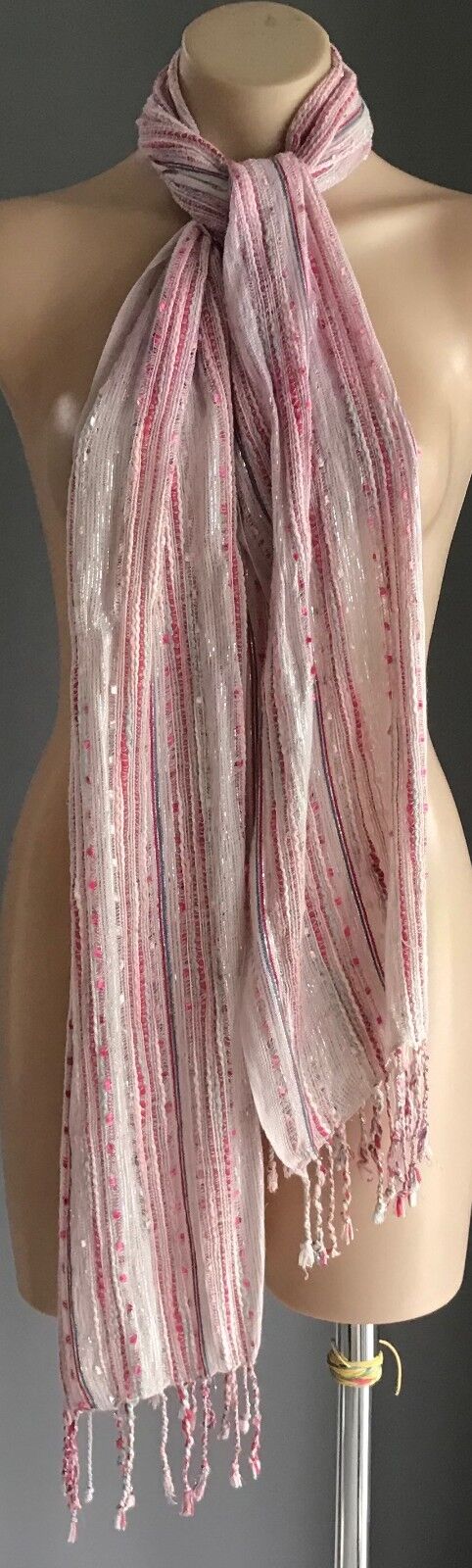 Fringed Neck SCARF Wrap Pastel Beige Silver Thread Ivory Pink Blue Stripe Shawl