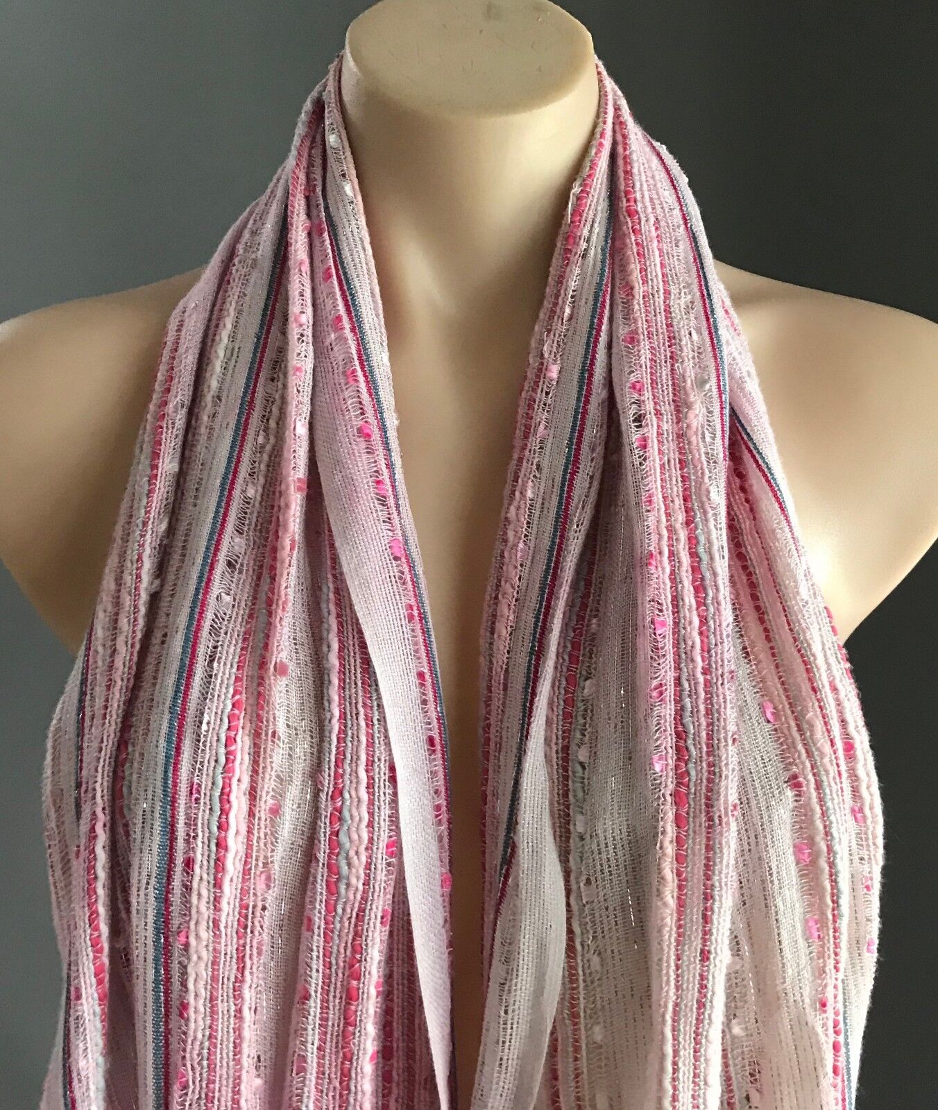 Fringed Neck SCARF Wrap Pastel Beige Silver Thread Ivory Pink Blue Stripe Shawl