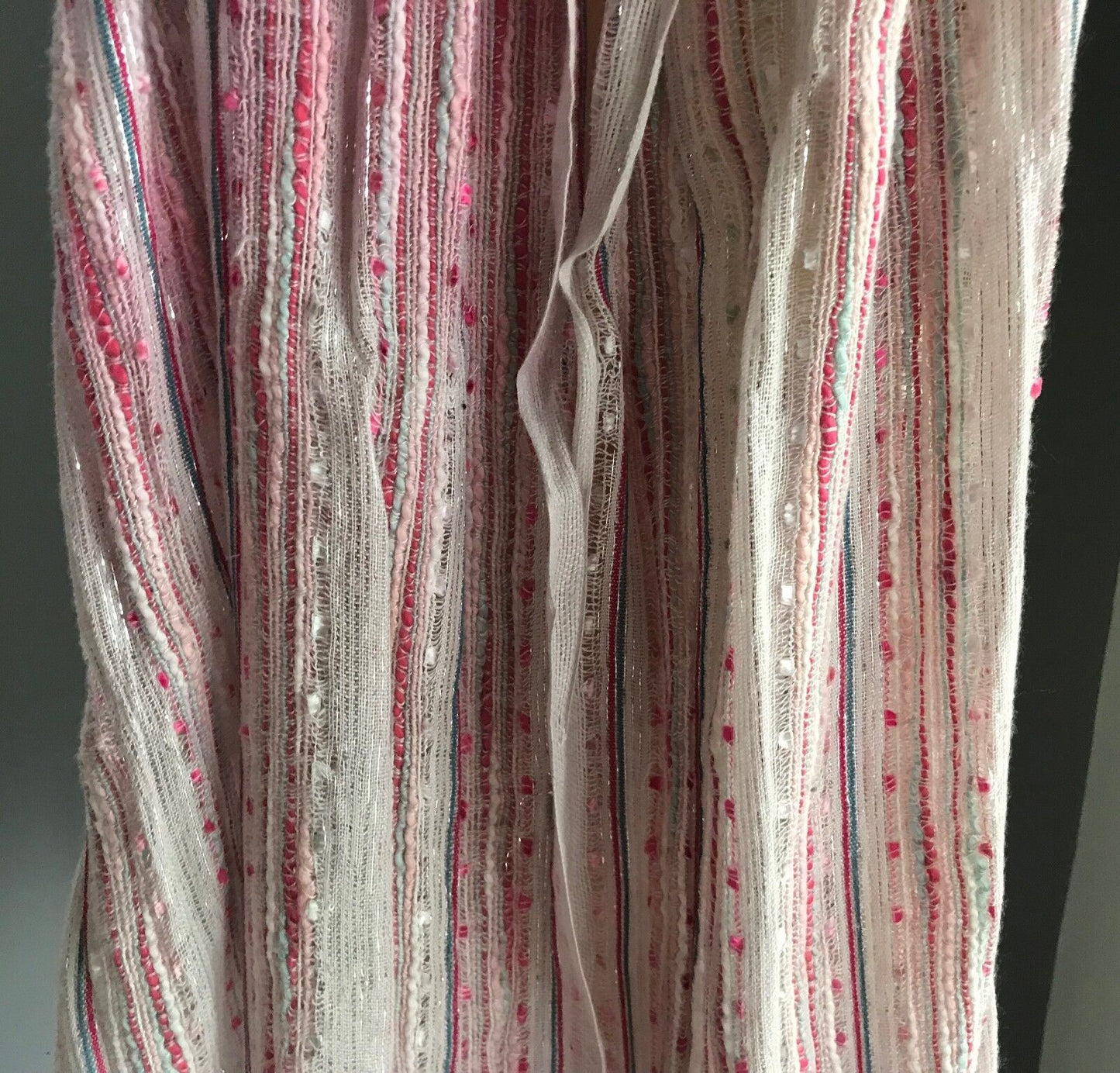 Fringed Neck SCARF Wrap Pastel Beige Silver Thread Ivory Pink Blue Stripe Shawl