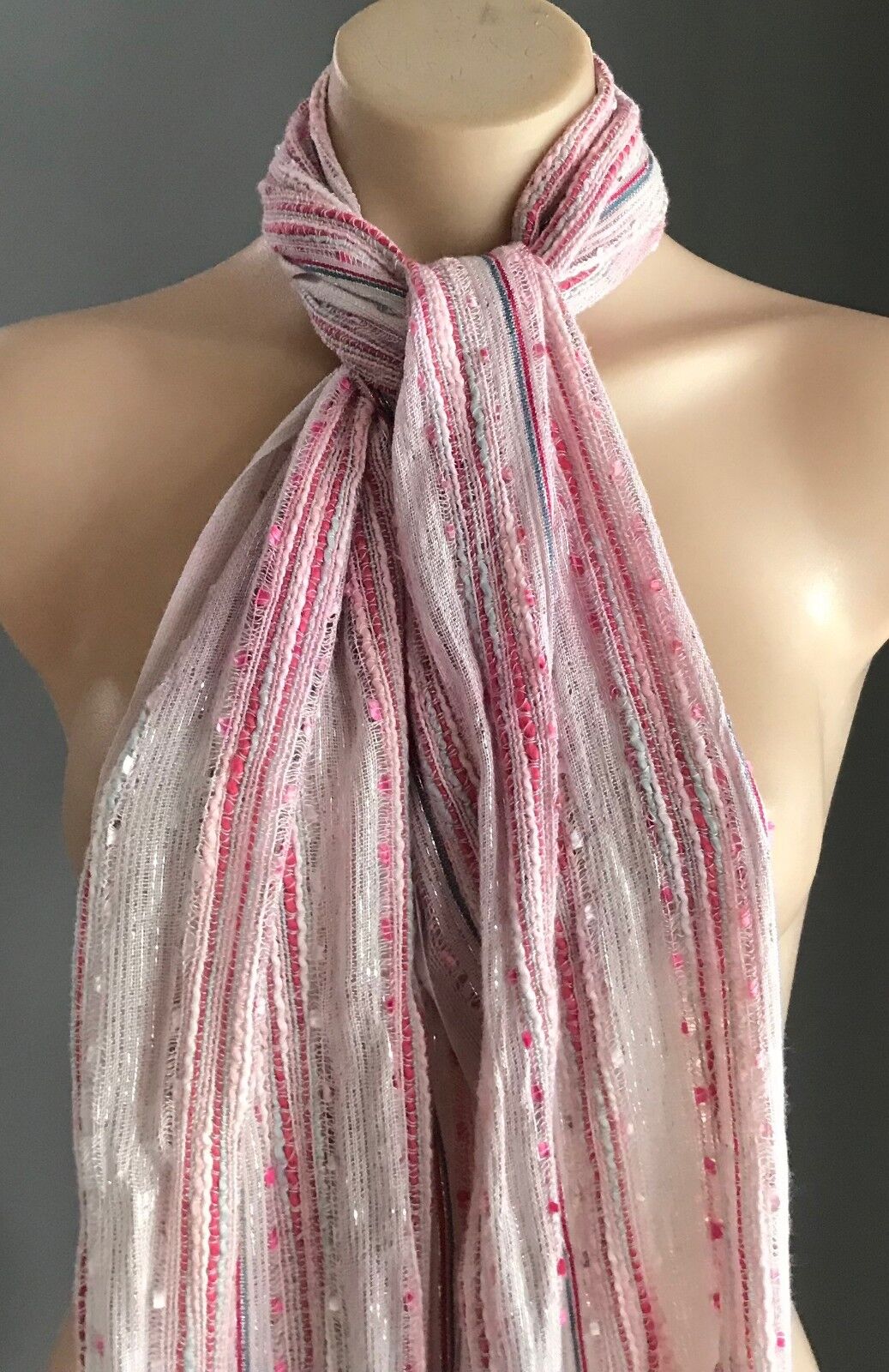 Fringed Neck SCARF Wrap Pastel Beige Silver Thread Ivory Pink Blue Stripe Shawl