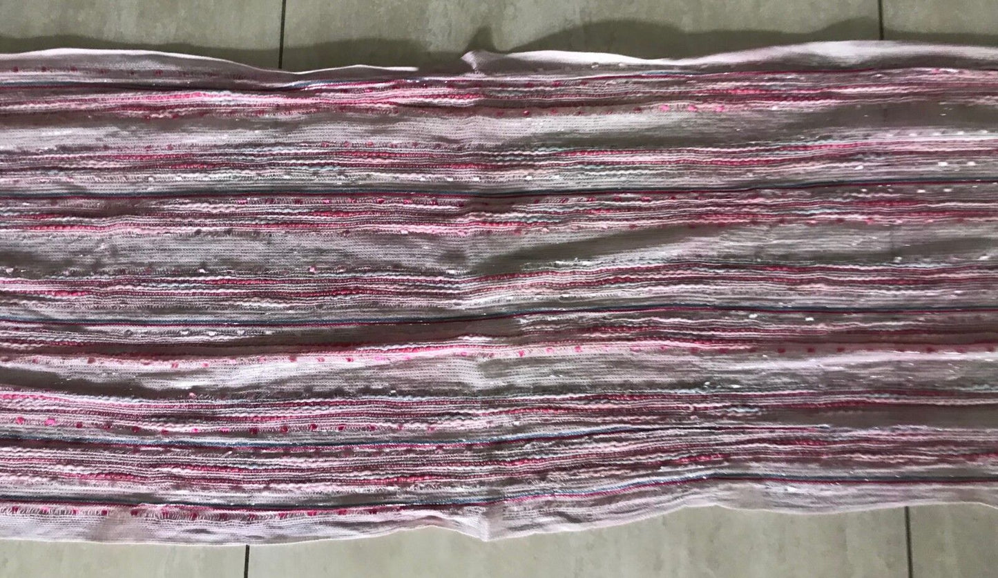 Fringed Neck SCARF Wrap Pastel Beige Silver Thread Ivory Pink Blue Stripe Shawl