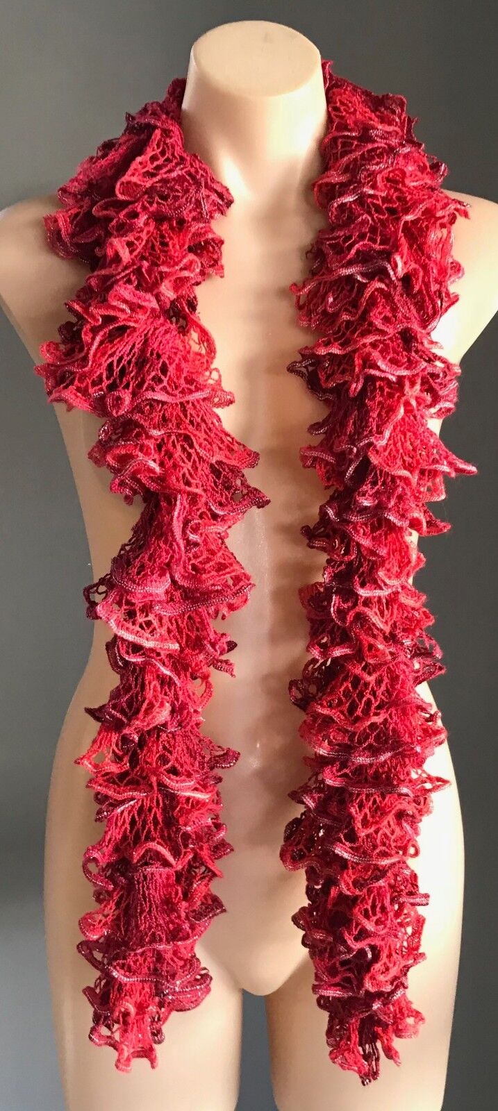 Red & Burgundy Crochet Scarf w Silver Thread Trim Full Multi Layer Frill