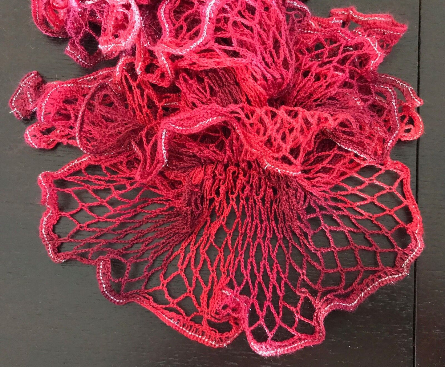 Red & Burgundy Crochet Scarf w Silver Thread Trim Full Multi Layer Frill