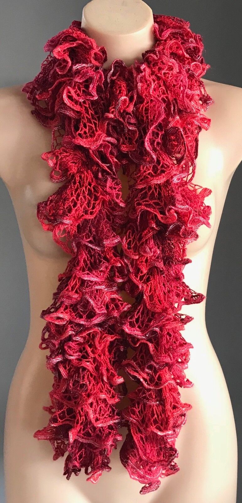 Red & Burgundy Crochet Scarf w Silver Thread Trim Full Multi Layer Frill