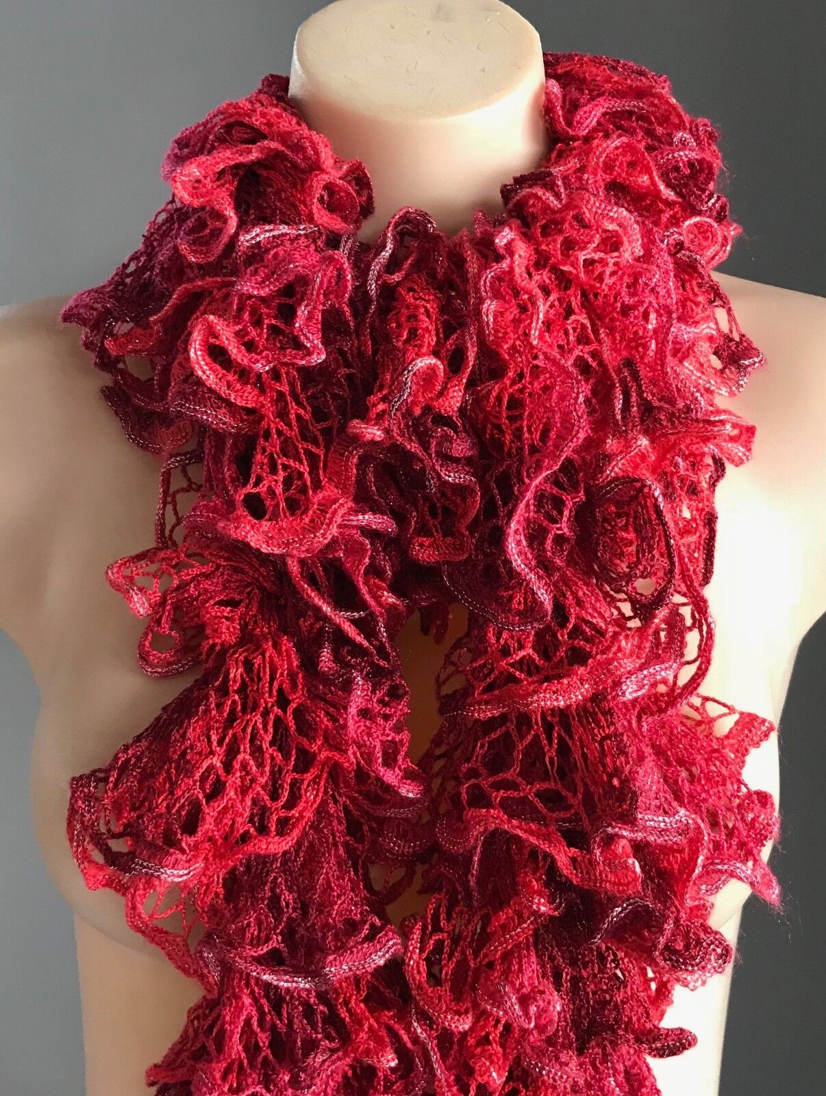 Red & Burgundy Crochet Scarf w Silver Thread Trim Full Multi Layer Frill