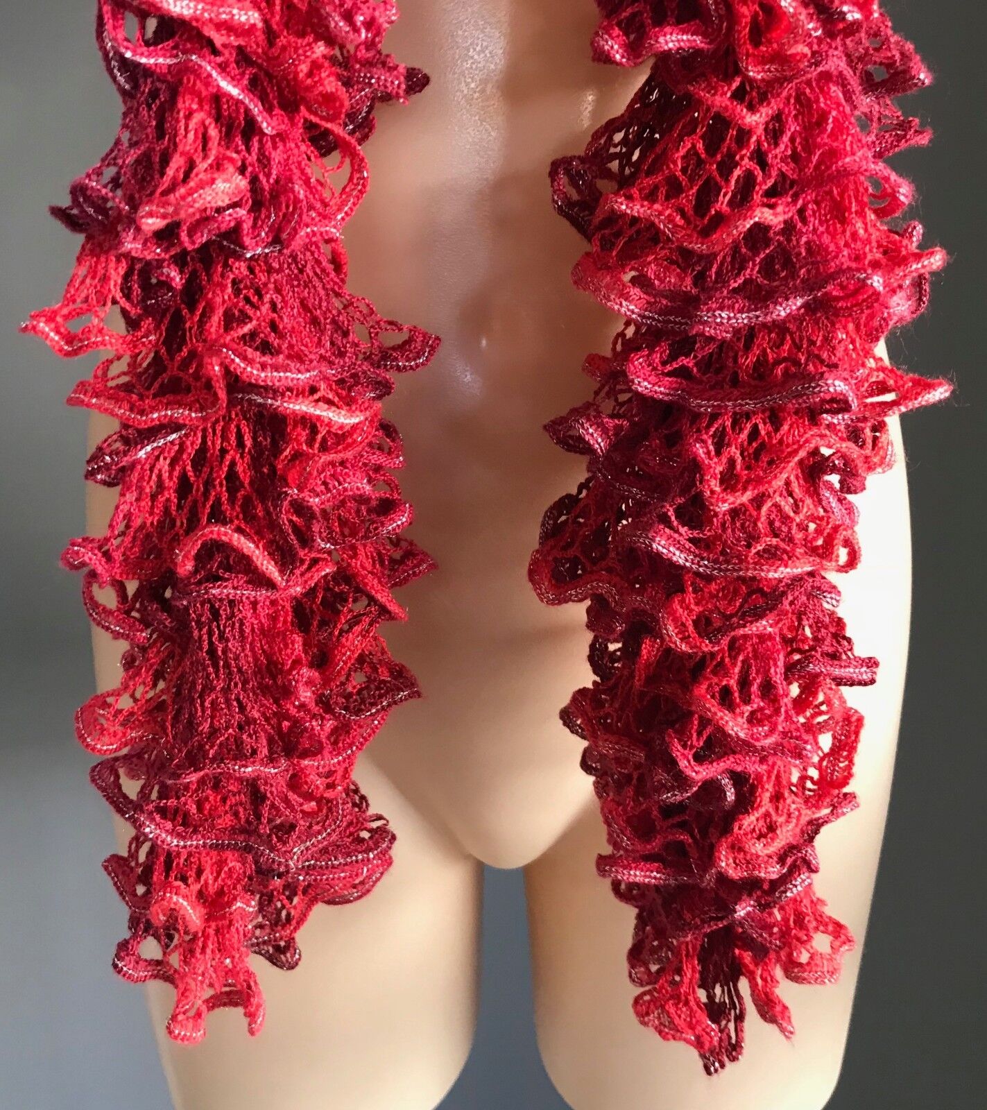 Red & Burgundy Crochet Scarf w Silver Thread Trim Full Multi Layer Frill