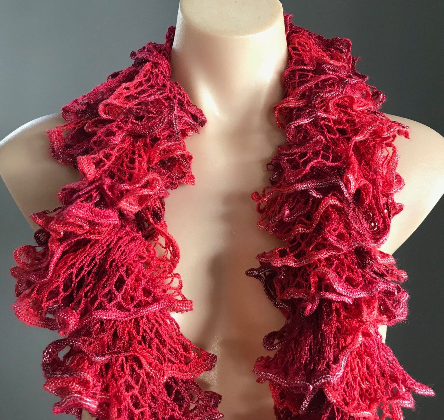 Red & Burgundy Crochet Scarf w Silver Thread Trim Full Multi Layer Frill