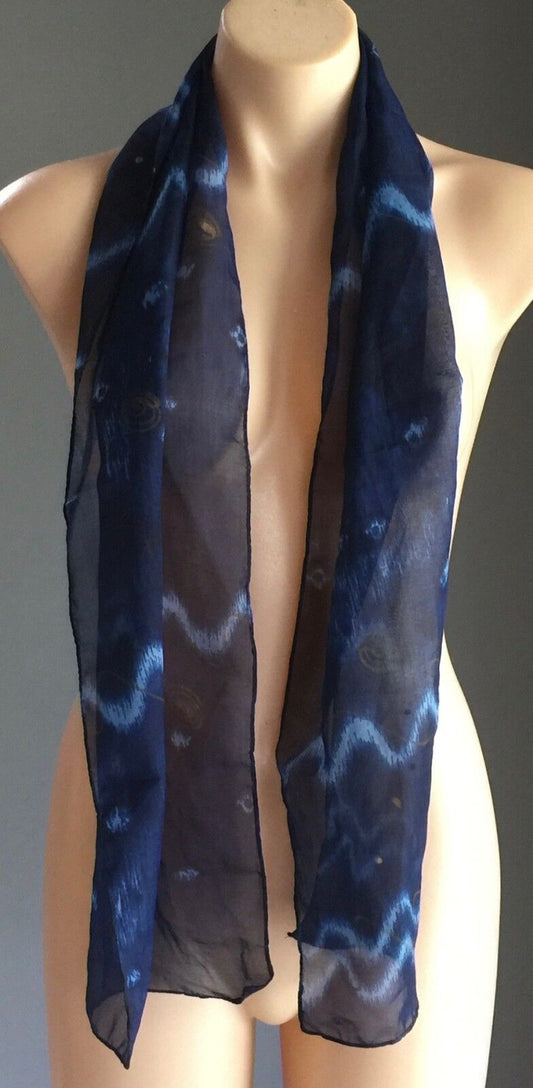 Long Silk Scarf Neckerchief Rectangle Wrap Blues & Gold Semi Sheer Print Shawl