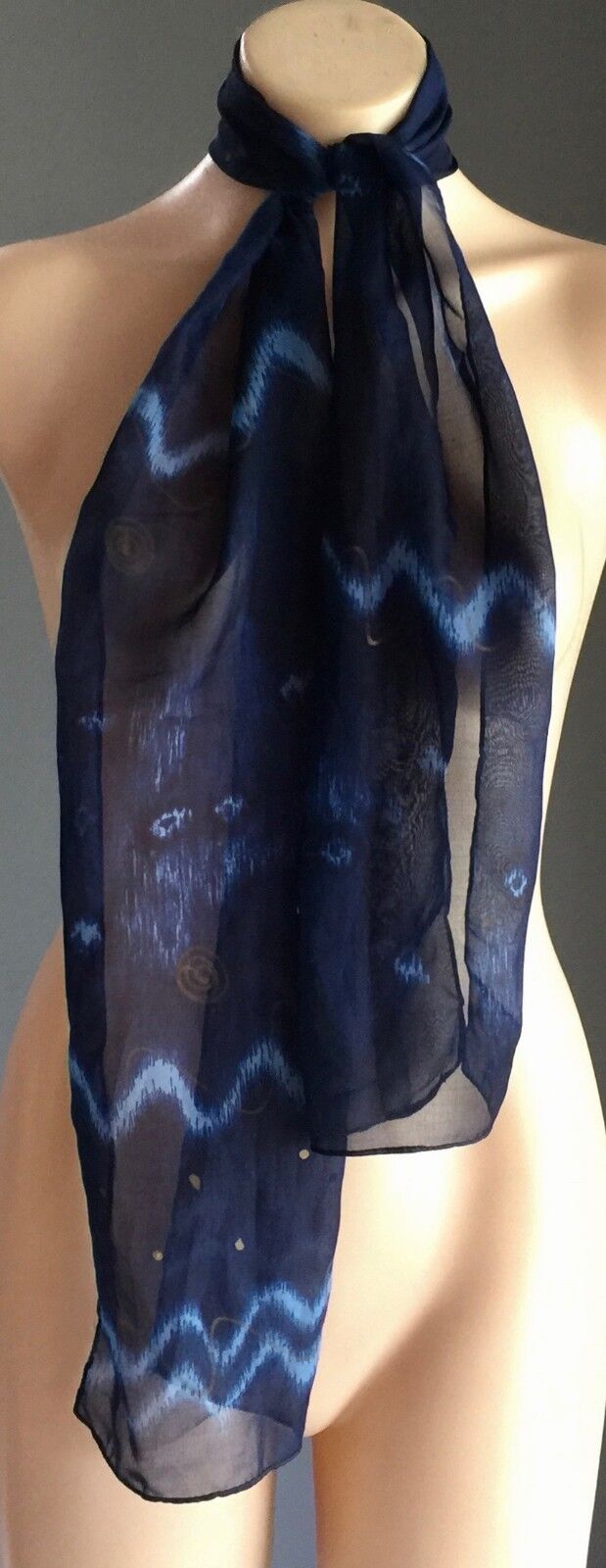 Long Silk Scarf Neckerchief Rectangle Wrap Blues & Gold Semi Sheer Print Shawl