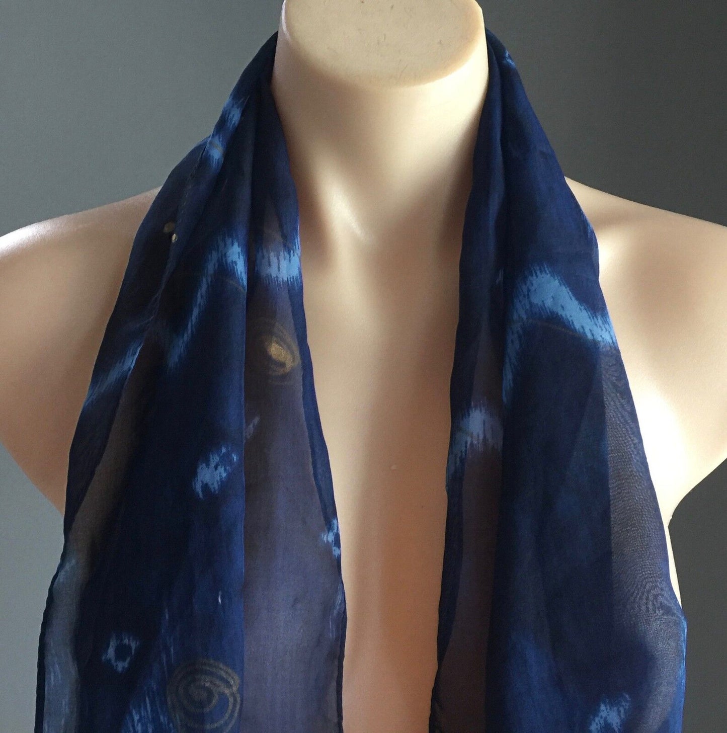 Long Silk Scarf Neckerchief Rectangle Wrap Blues & Gold Semi Sheer Print Shawl