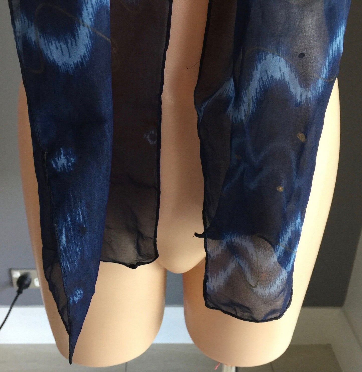 Long Silk Scarf Neckerchief Rectangle Wrap Blues & Gold Semi Sheer Print Shawl