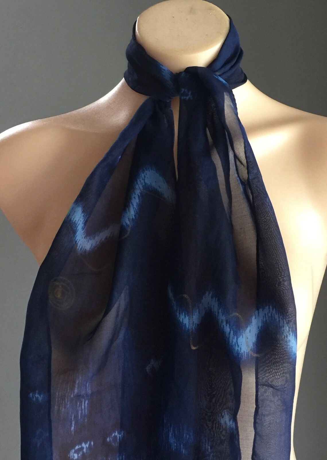 Long Silk Scarf Neckerchief Rectangle Wrap Blues & Gold Semi Sheer Print Shawl