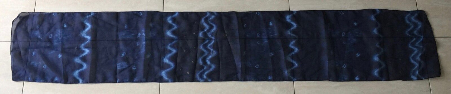 Long Silk Scarf Neckerchief Rectangle Wrap Blues & Gold Semi Sheer Print Shawl