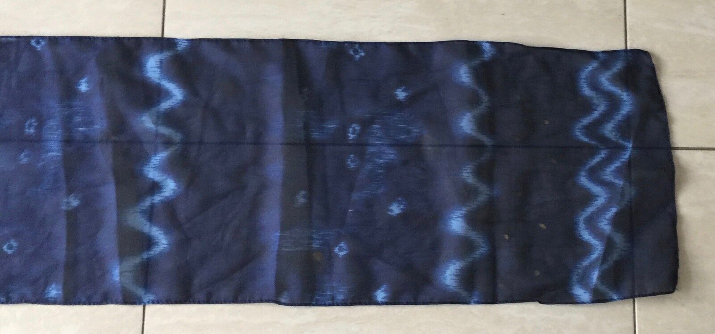 Long Silk Scarf Neckerchief Rectangle Wrap Blues & Gold Semi Sheer Print Shawl