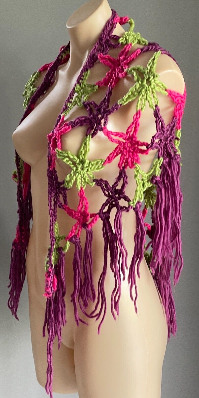 Ladies Hand Made Open Knit Pink, Green, Purple Wrap Shawl w Fringe Trim OSFA