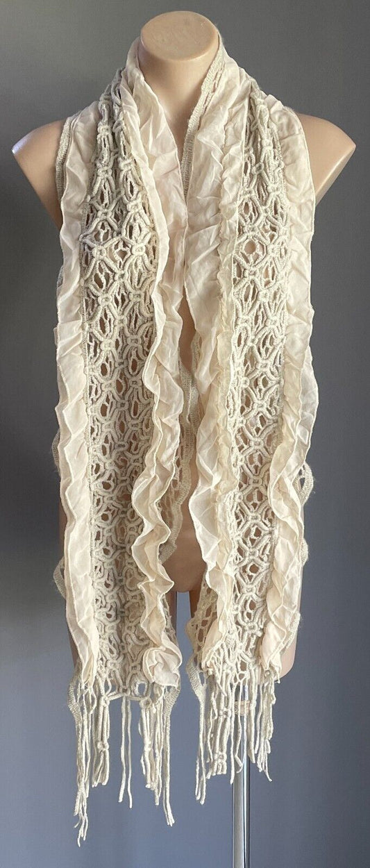 Off White Crochet Knit Scarf w Gold Metallic Thread & Beige Ruffle Trim Stunning