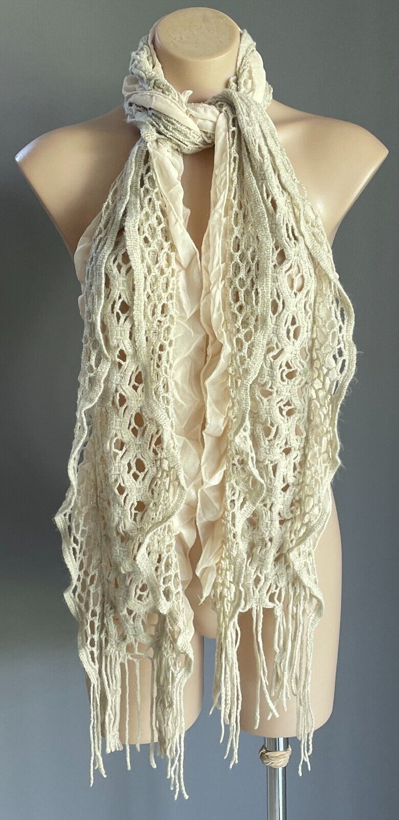 Off White Crochet Knit Scarf w Gold Metallic Thread & Beige Ruffle Trim Stunning