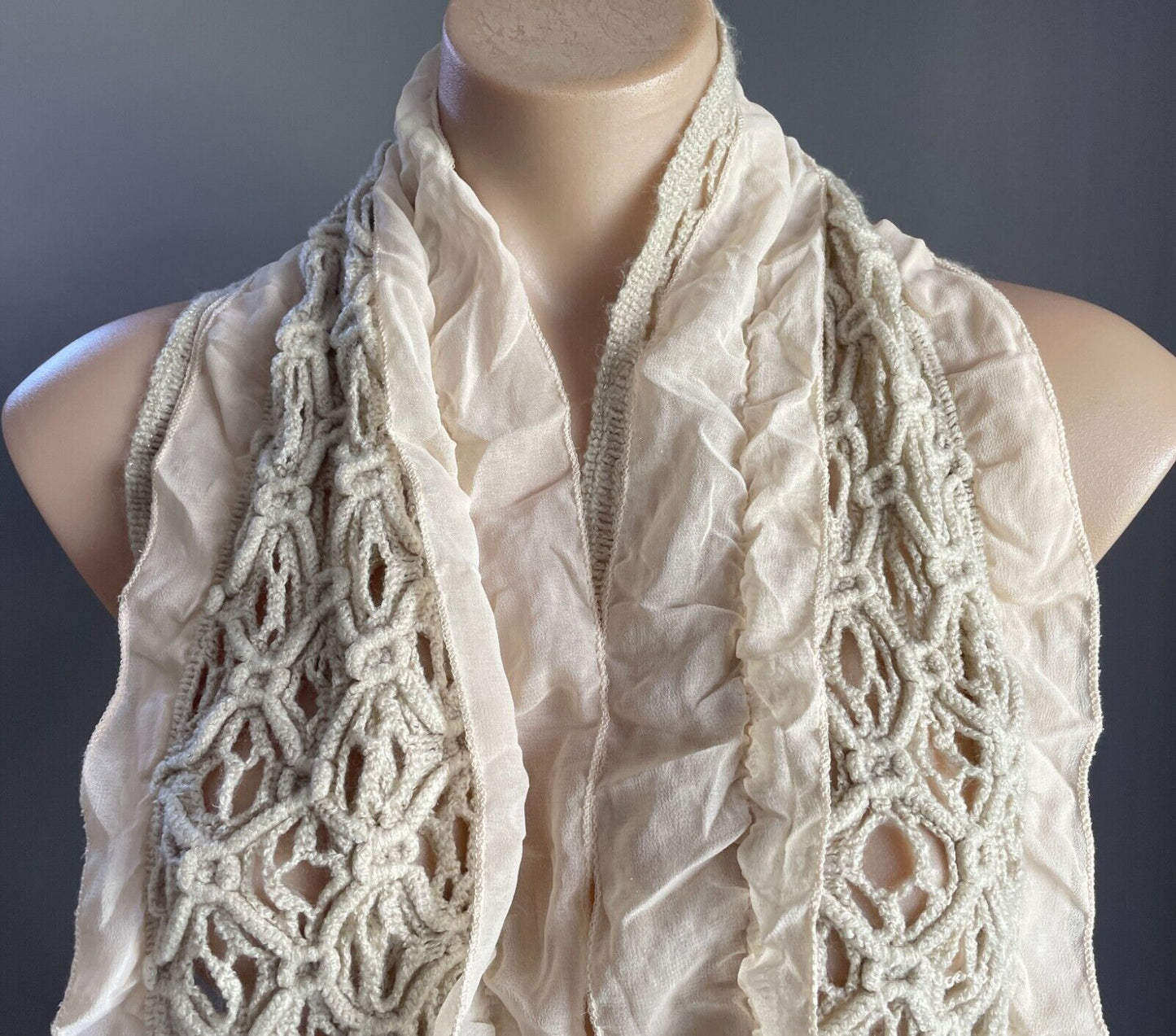 Off White Crochet Knit Scarf w Gold Metallic Thread & Beige Ruffle Trim Stunning