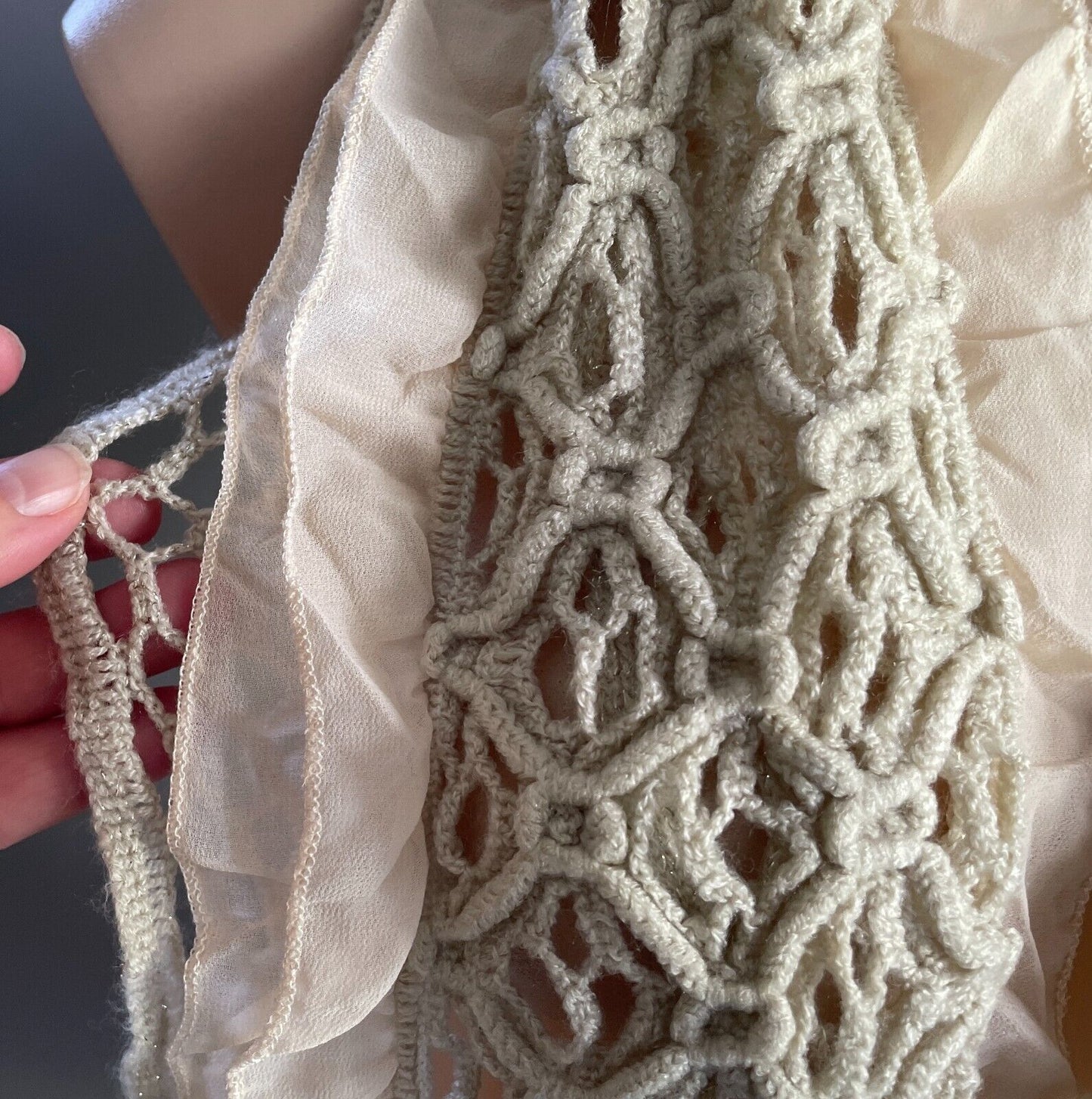 Off White Crochet Knit Scarf w Gold Metallic Thread & Beige Ruffle Trim Stunning