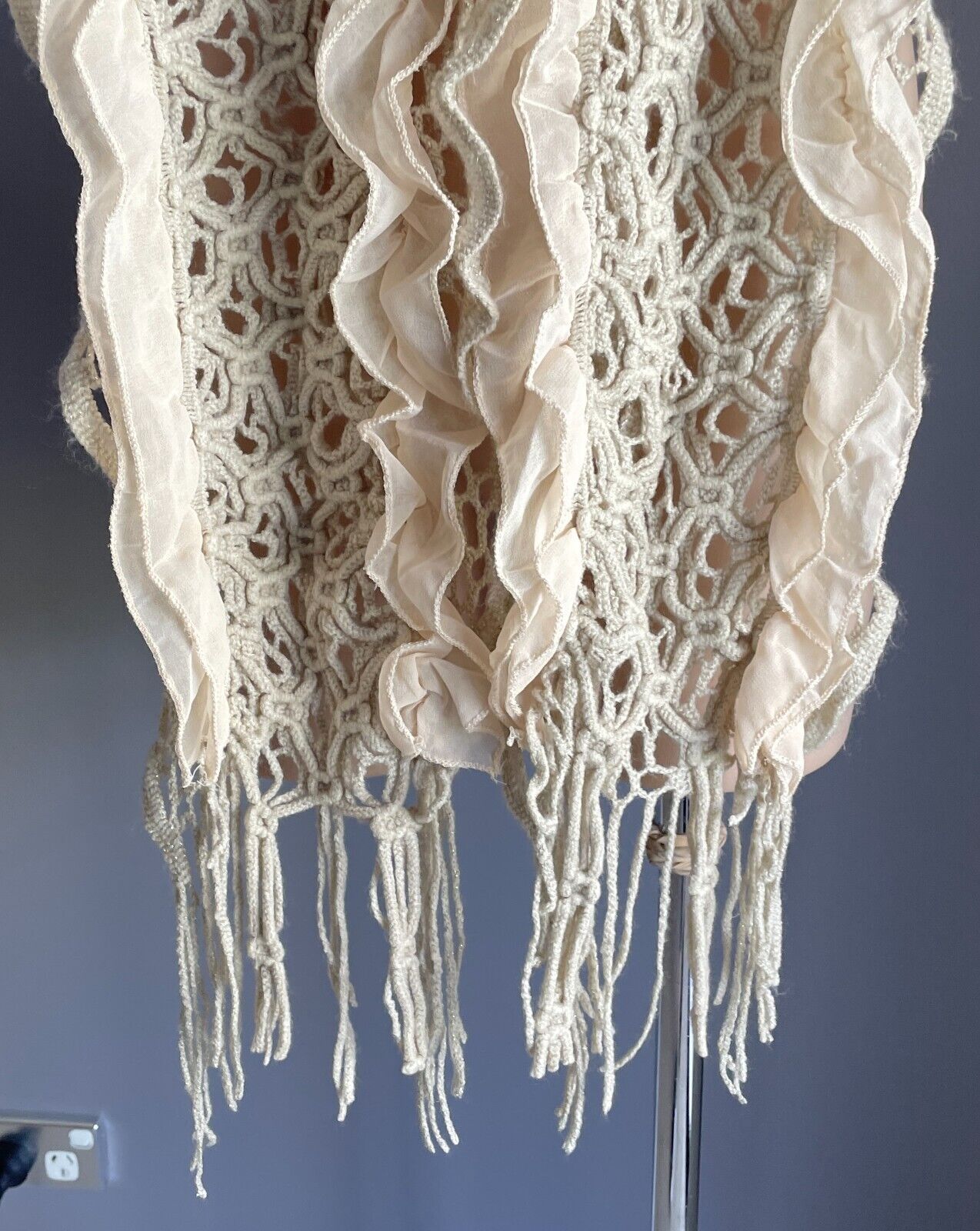 Off White Crochet Knit Scarf w Gold Metallic Thread & Beige Ruffle Trim Stunning