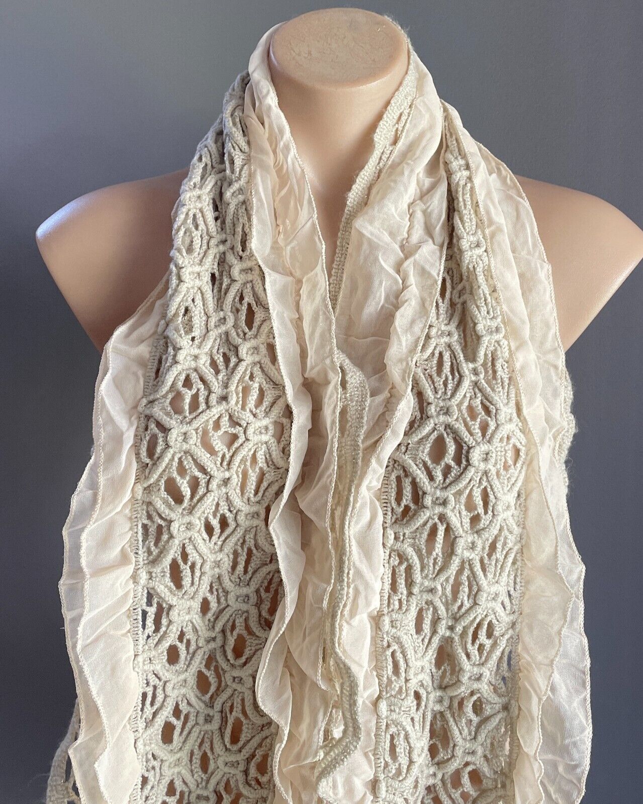 Off White Crochet Knit Scarf w Gold Metallic Thread & Beige Ruffle Trim Stunning