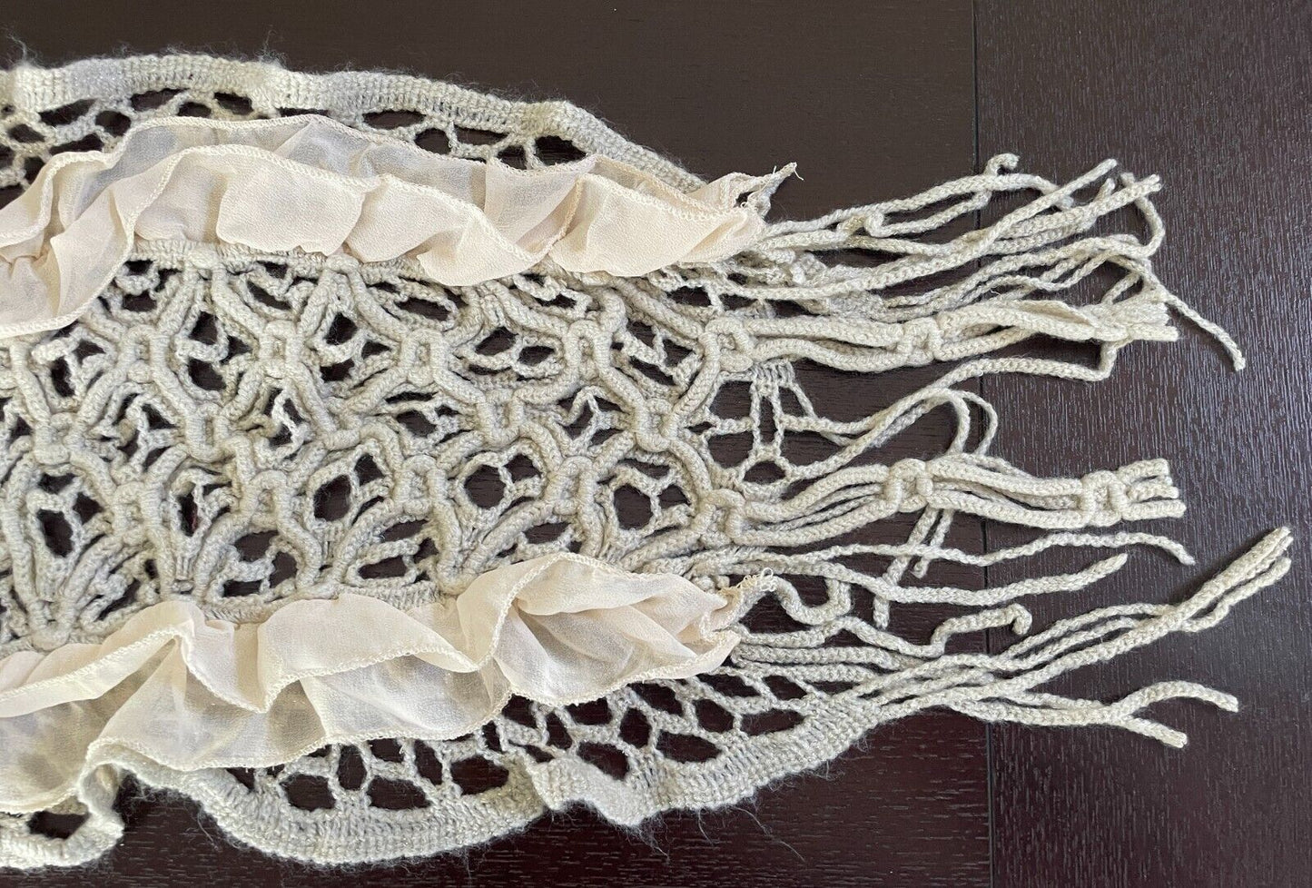 Off White Crochet Knit Scarf w Gold Metallic Thread & Beige Ruffle Trim Stunning