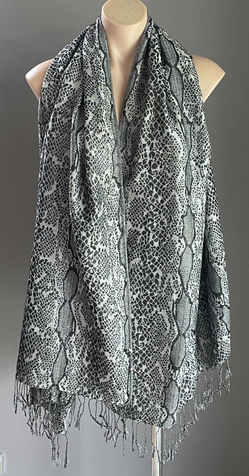 Python Snake Neck Scarf Grey Black Silver Wrap Shawl Large Rectangle Fringe Trim