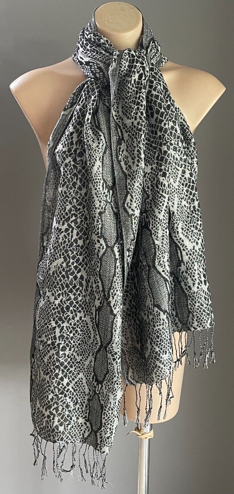 Python Snake Neck Scarf Grey Black Silver Wrap Shawl Large Rectangle Fringe Trim