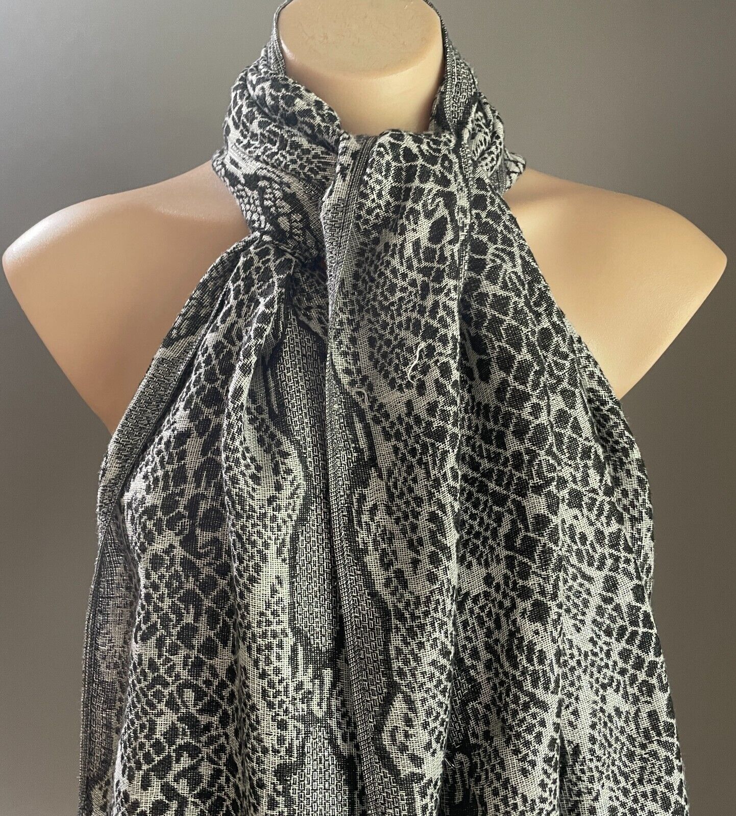 Python Snake Neck Scarf Grey Black Silver Wrap Shawl Large Rectangle Fringe Trim