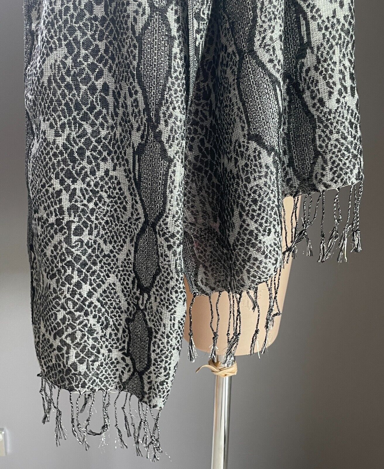 Python Snake Neck Scarf Grey Black Silver Wrap Shawl Large Rectangle Fringe Trim