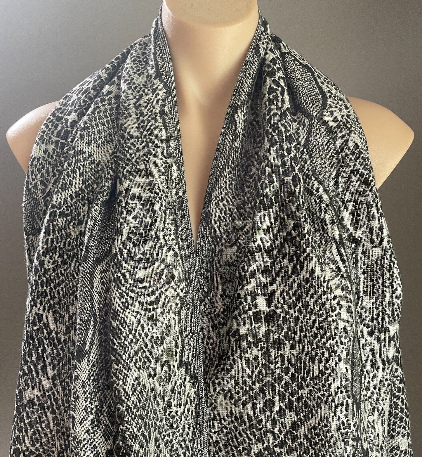 Python Snake Neck Scarf Grey Black Silver Wrap Shawl Large Rectangle Fringe Trim