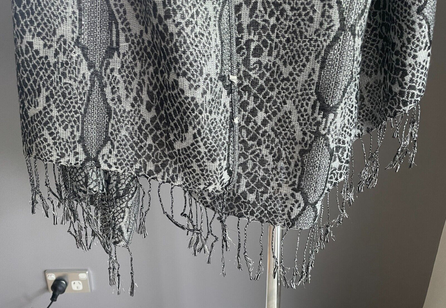 Python Snake Neck Scarf Grey Black Silver Wrap Shawl Large Rectangle Fringe Trim