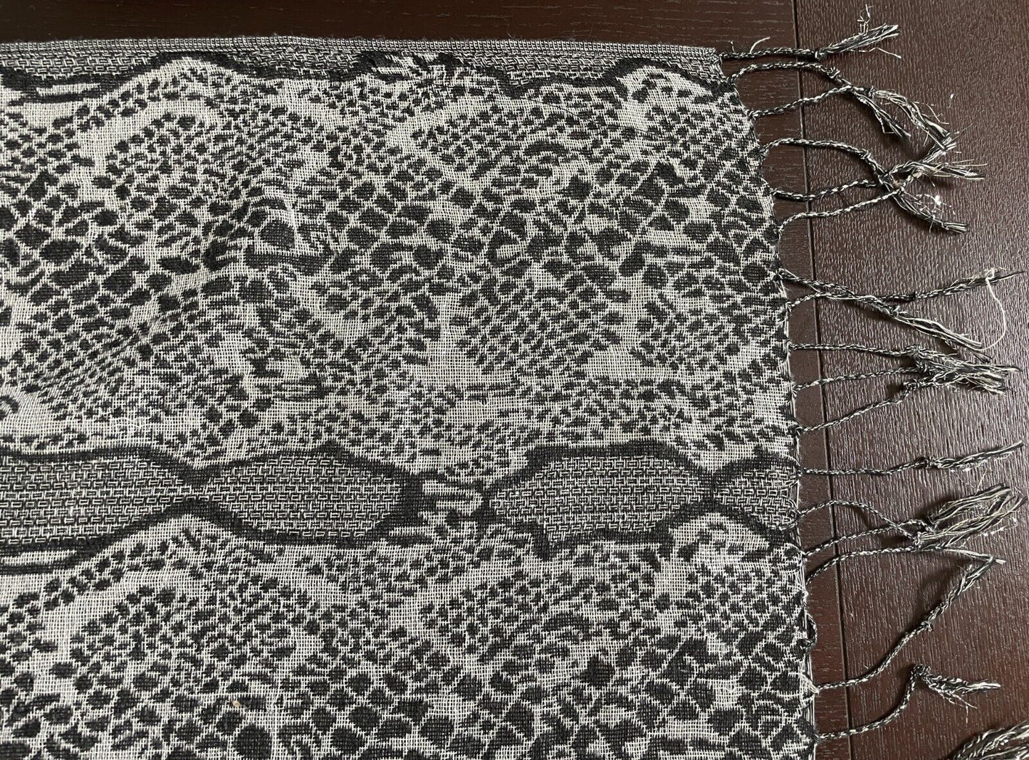 Python Snake Neck Scarf Grey Black Silver Wrap Shawl Large Rectangle Fringe Trim