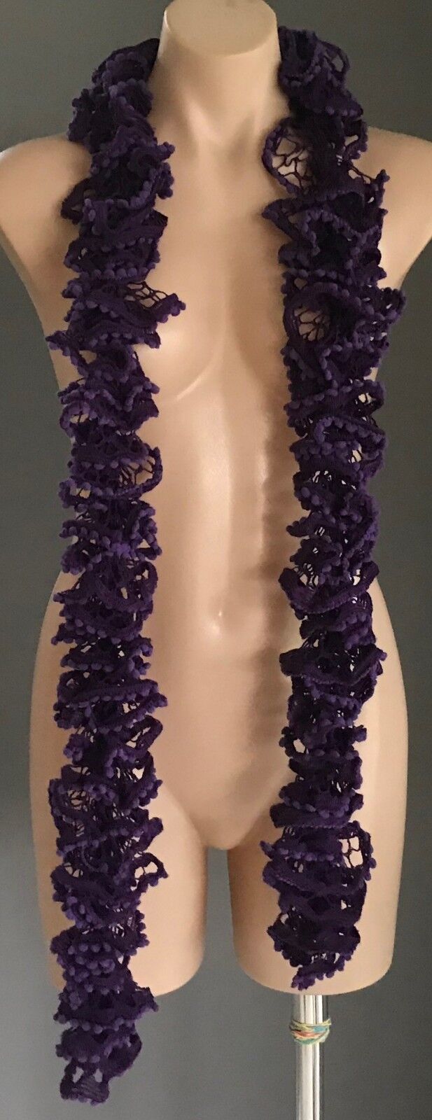 Neck Scarf Purple Crochet Knit Small Pom Pom Trim Twist Snake Twist Layers NEW
