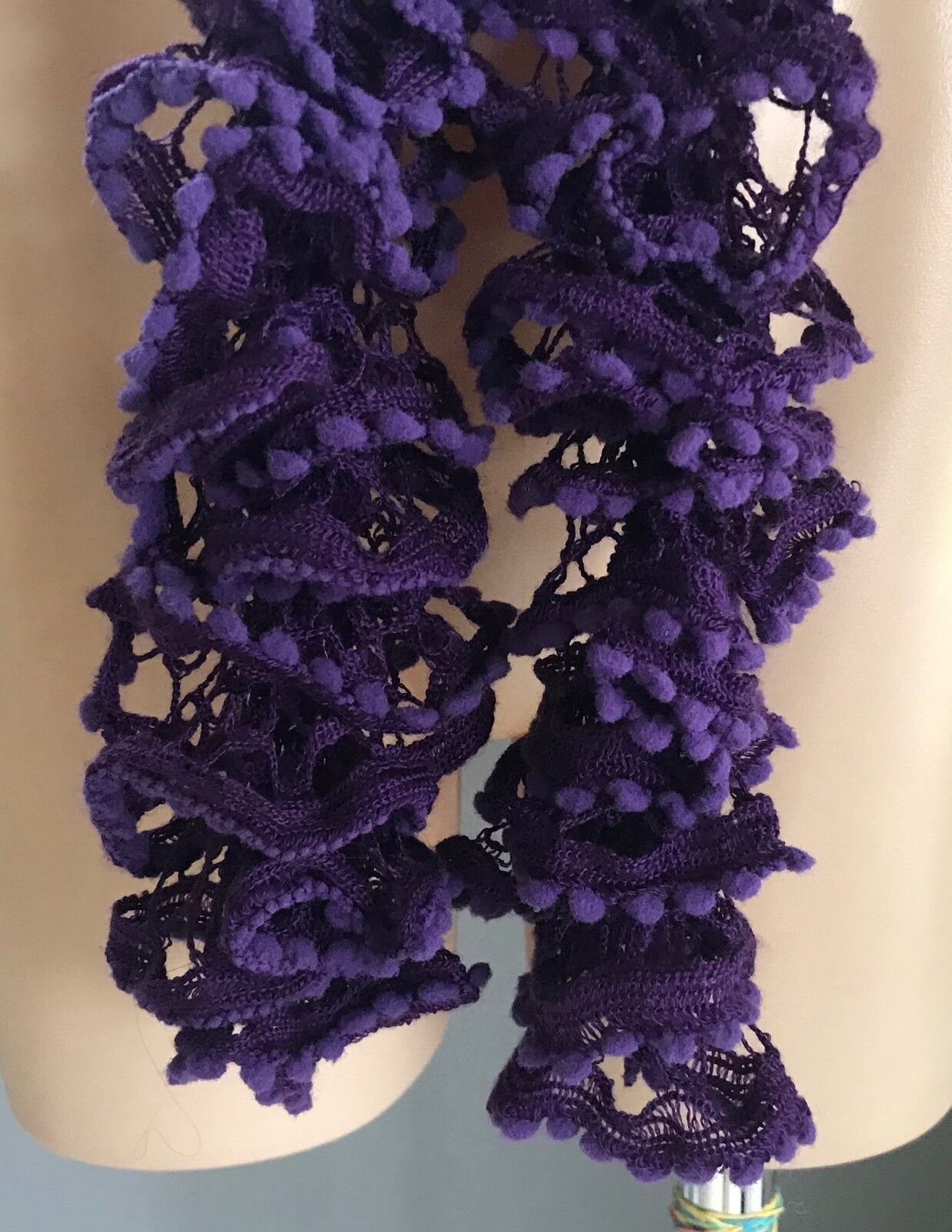 Neck Scarf Purple Crochet Knit Small Pom Pom Trim Twist Snake Twist Layers NEW
