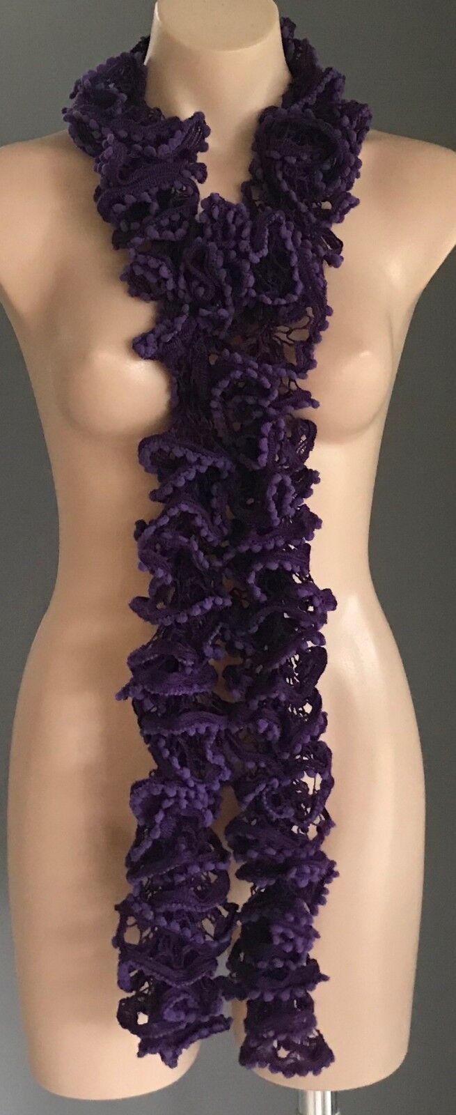 Neck Scarf Purple Crochet Knit Small Pom Pom Trim Twist Snake Twist Layers NEW