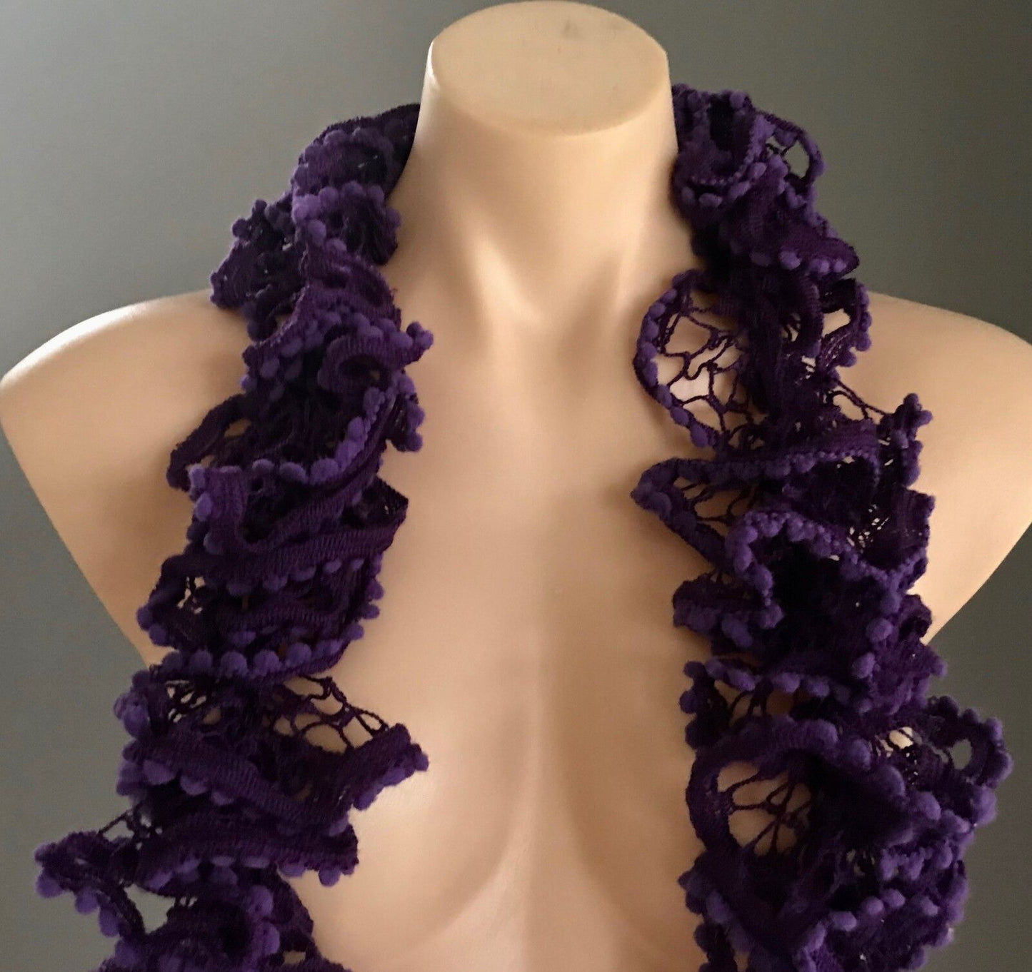 Neck Scarf Purple Crochet Knit Small Pom Pom Trim Twist Snake Twist Layers NEW