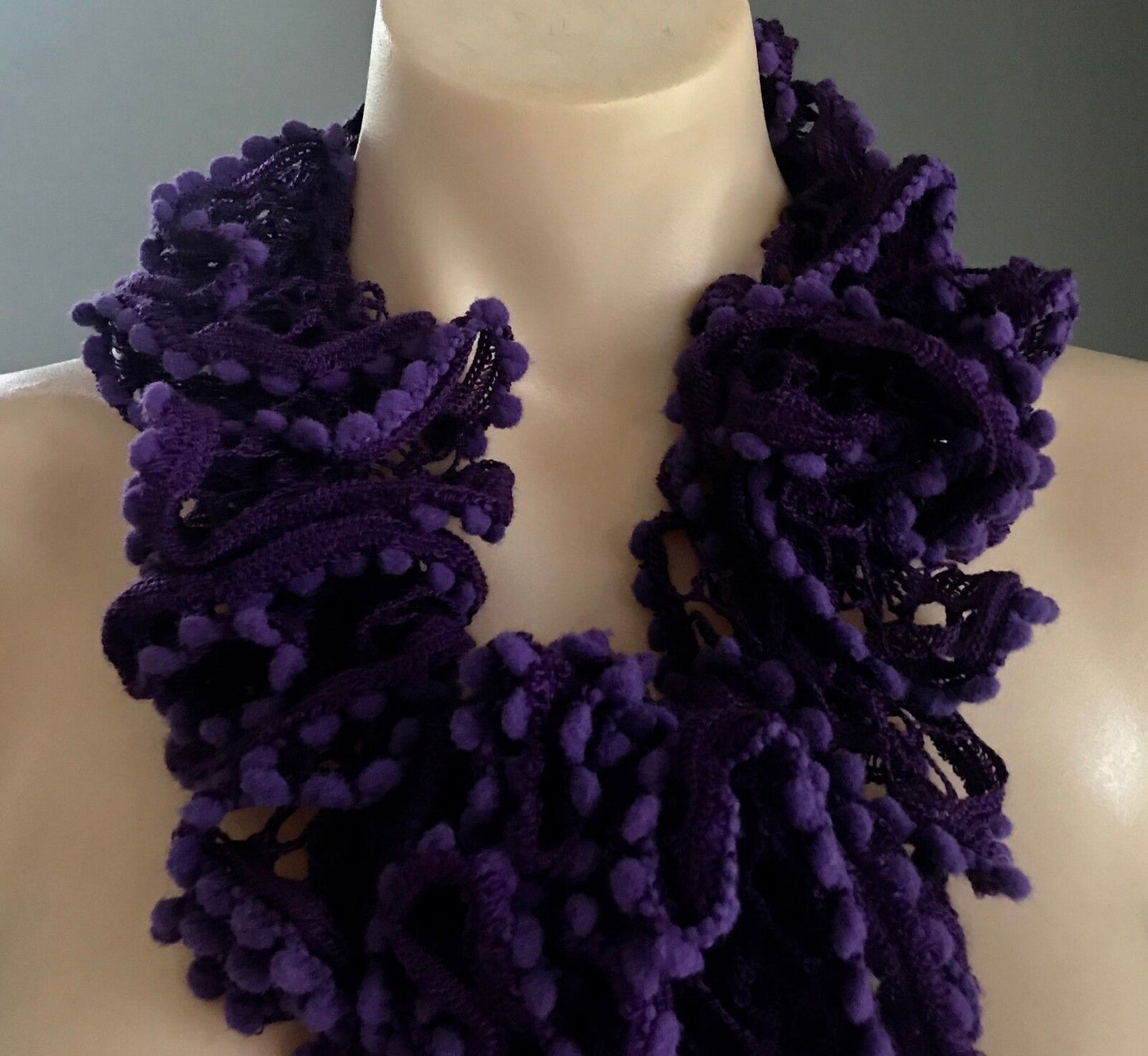 Neck Scarf Purple Crochet Knit Small Pom Pom Trim Twist Snake Twist Layers NEW