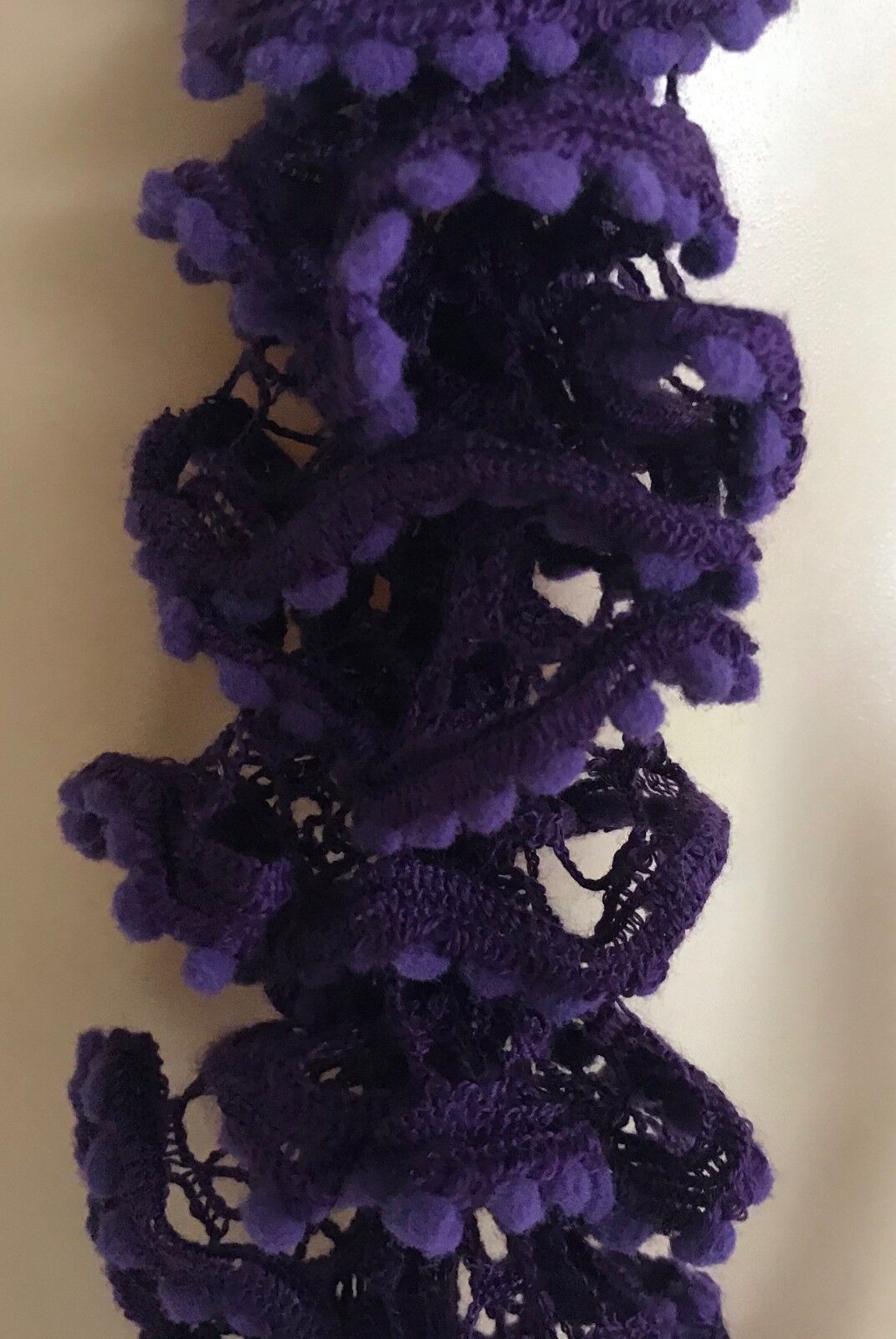 Neck Scarf Purple Crochet Knit Small Pom Pom Trim Twist Snake Twist Layers NEW