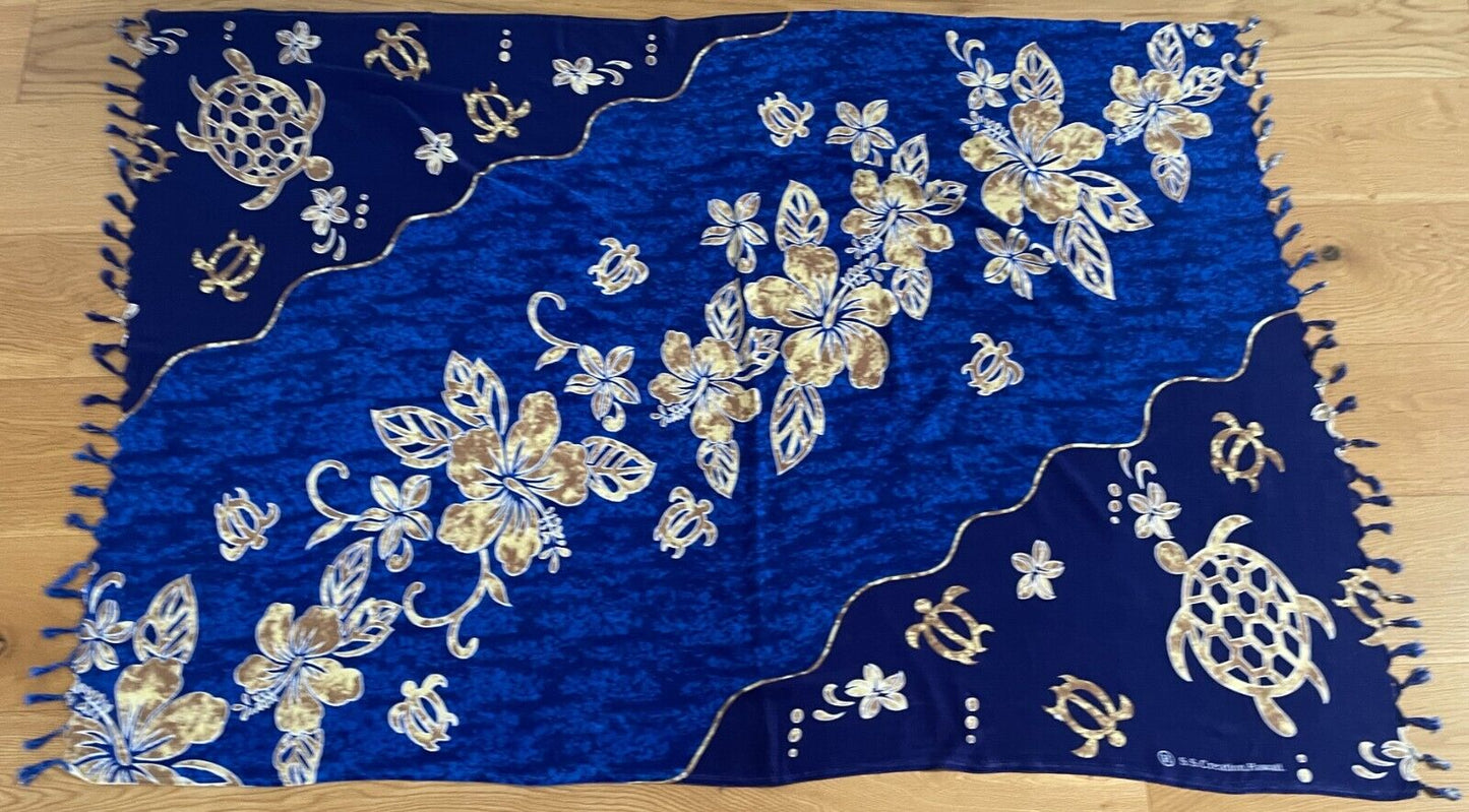 ALOHA Sarong Souvenir Hawaii Batik Blue Yellow Brown Turtle Hibiscus 8 - 12 NEW