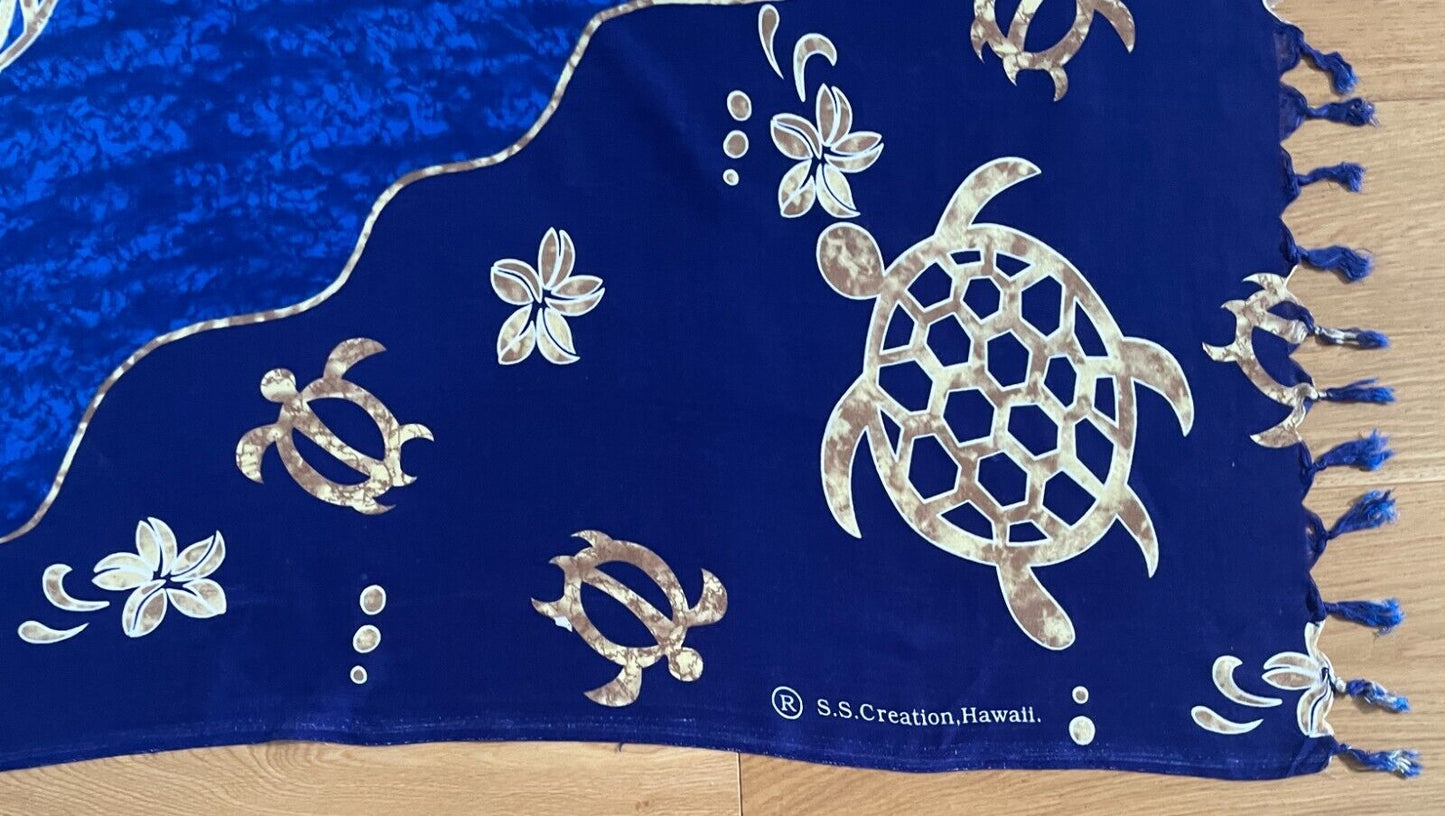 ALOHA Sarong Souvenir Hawaii Batik Blue Yellow Brown Turtle Hibiscus 8 - 12 NEW