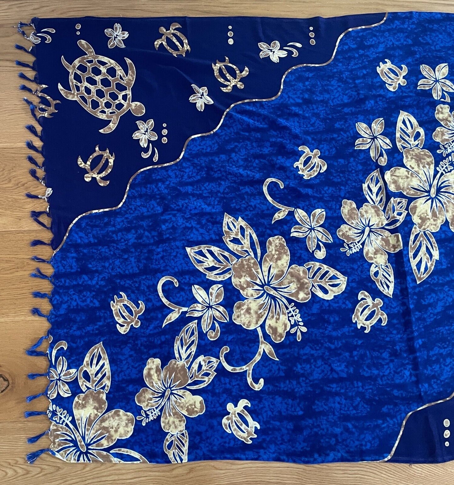 ALOHA Sarong Souvenir Hawaii Batik Blue Yellow Brown Turtle Hibiscus 8 - 12 NEW
