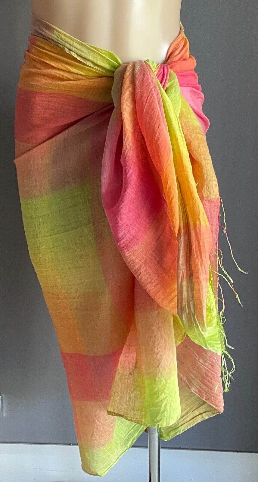 SARONG Tie Dye Neck Scarf Fringed Lightweight Wrap Shawl Lime Pink Orange