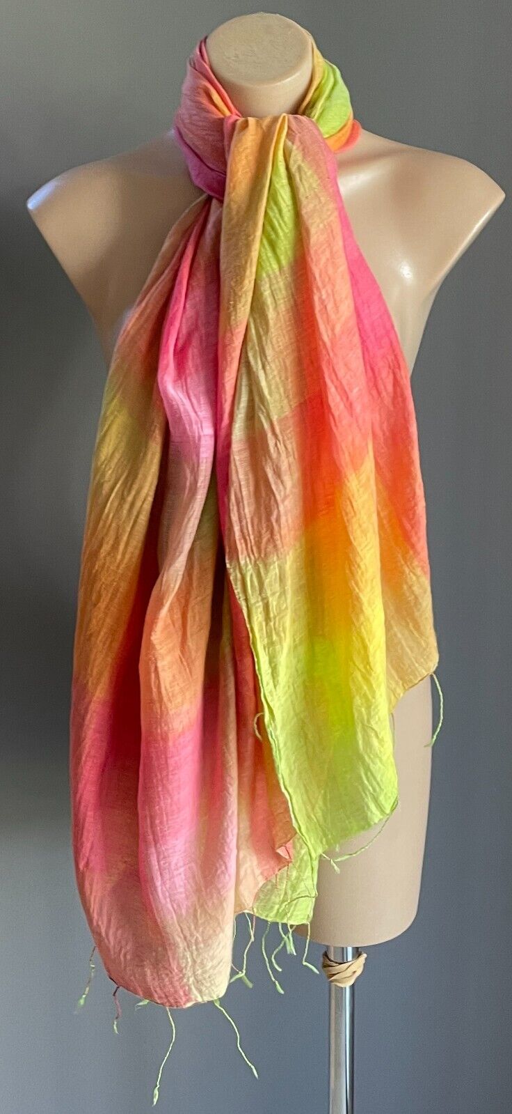 SARONG Tie Dye Neck Scarf Fringed Lightweight Wrap Shawl Lime Pink Orange