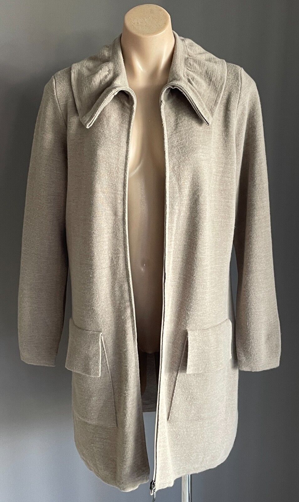 BLUE ILLUSION Coatigan Light Taupe Size XL Long Sleeve Ruffle Collar Zip Front