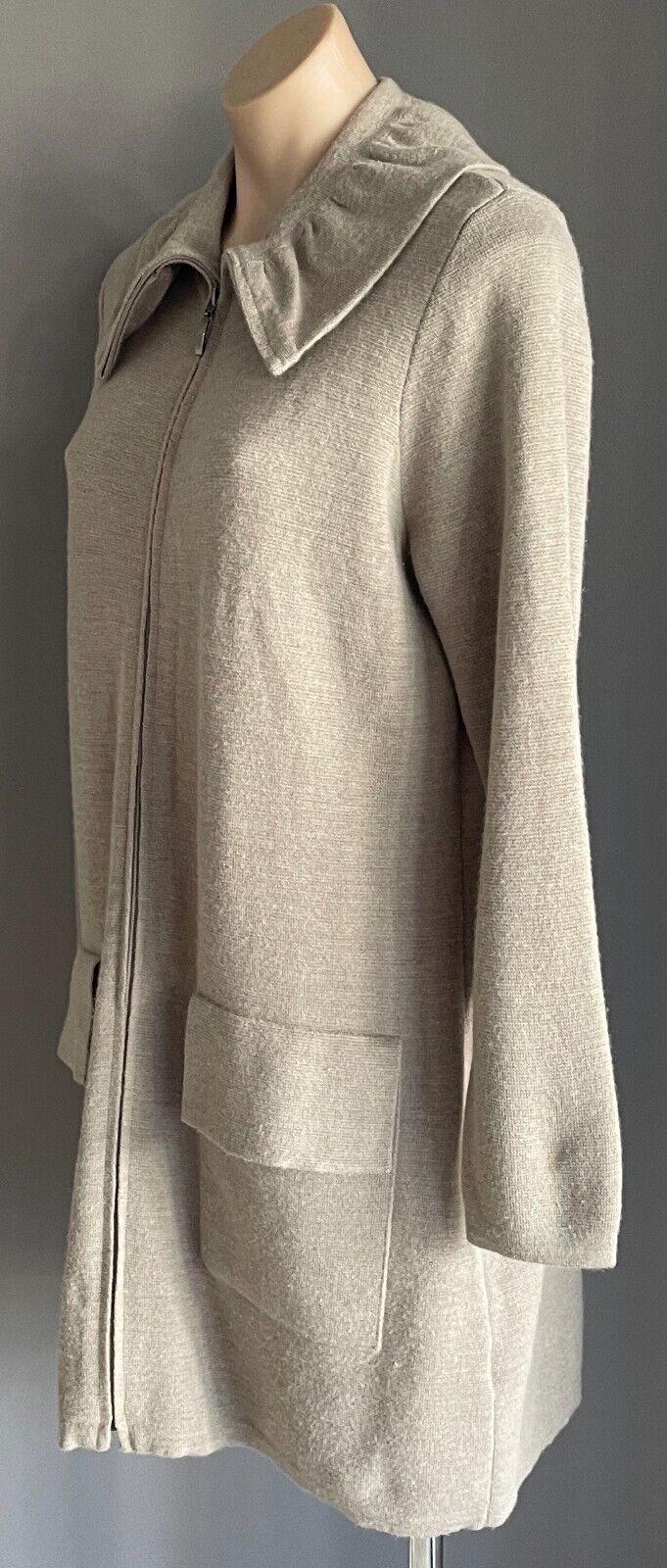 BLUE ILLUSION Coatigan Light Taupe Size XL Long Sleeve Ruffle Collar Zip Front
