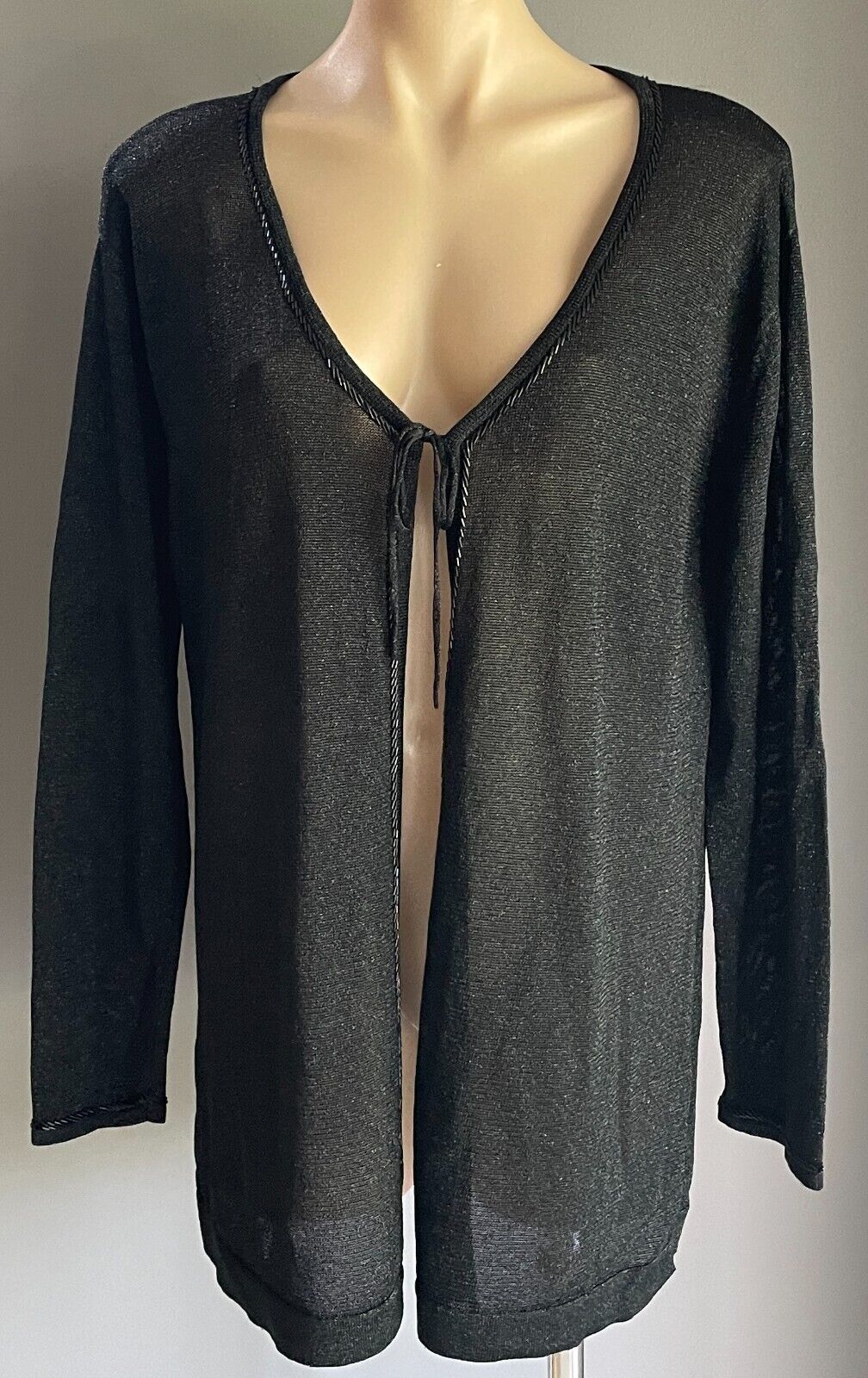 SANDRA STEINER Black Silver Metallic Thread Knit Bead Tie Front Cardigan Sz XL