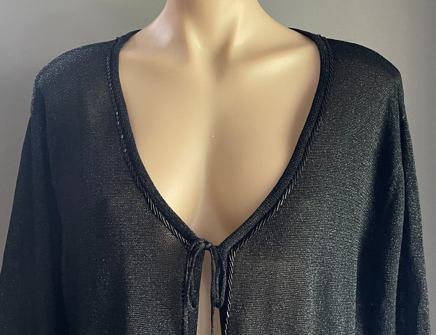 SANDRA STEINER Black Silver Metallic Thread Knit Bead Tie Front Cardigan Sz XL