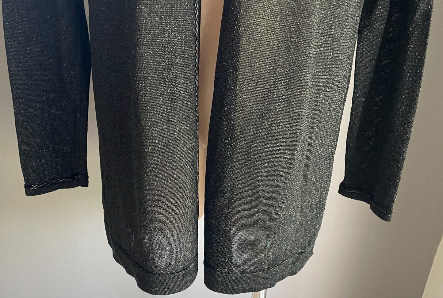 SANDRA STEINER Black Silver Metallic Thread Knit Bead Tie Front Cardigan Sz XL