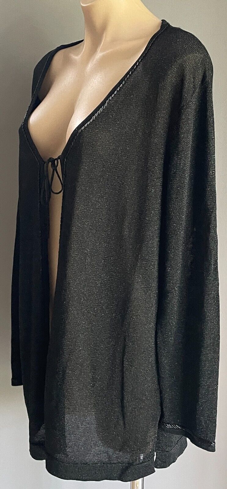SANDRA STEINER Black Silver Metallic Thread Knit Bead Tie Front Cardigan Sz XL